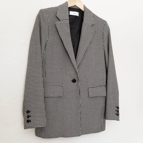 Mango Houndstooth Oversized Blazer Jacket S Gray Single Button Preppy Academia - Picture 15 of 16